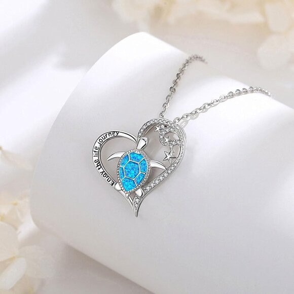 925 Sterling Silver Turtle Necklace with Heart Blue Opal Ocean Jewelry for Women - Picture 2 of 8